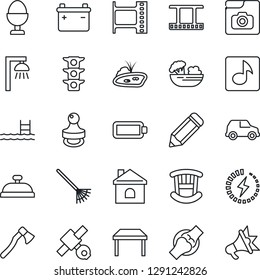 Thin Line Icon Set - pencil vector, rake, house, axe, joint, satellite, traffic light, film frame, music, photo gallery, battery, charge, stamp, pond, pool, children room, table, reception, salad