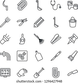 Thin Line Icon Set - pencil vector, shovel, farm fork, rake, bucket, watering, pruner, glove, saw, sickle, monitor pulse, stethoscope, blood pressure, scalpel, themes, torch, cut, drawing pin, ladle