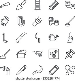 Thin Line Icon Set - pencil vector, trowel, ladder, watering can, wheelbarrow, glove, hoe, sickle, garden knife, blood pressure, themes, torch, cut, drawing pin, paper clip, pen, ladle, steaming pan