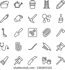 Thin Line Icon Set - pencil vector, trowel, ladder, watering can, bucket, glove, saw, garden knife, axe, stethoscope, blood pressure, scalpel, themes, cut, drawing pin, paper clip, pen, ladle