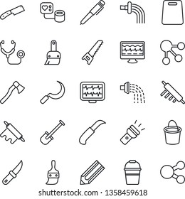 Thin Line Icon Set - pencil vector, shovel, bucket, watering, saw, sickle, garden knife, axe, monitor pulse, stethoscope, blood pressure, themes, torch, pen, rolling pin, cutting board, social media