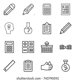 thin line icon set : pencil, marker, calculator, abacus, bulb head, round flask, clipboard, university, school, ruler, acid, chemical