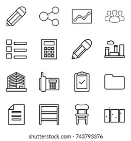 thin line icon set : pencil, share, statistics, group, list, calculator, city, office, phone, clipboard check, documents, document, rack, chair, clean window