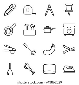 thin line icon set : pencil, measuring tape, drawing compasses, pin, pan, repair tools, saute, kitchen scales, garlic clasp, whisk, eggplant, pruner, broom, blower, sponge, iron