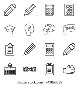 thin line icon set : pencil, marker, calculator, abacus, graduate hat, bulb head, brain, presentation, clipboard, university, school, acid