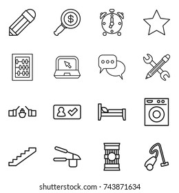 thin line icon set : pencil, dollar magnifier, alarm clock, star, abacus, notebook, discussion, wrench, drawbridge, check in, bed, washing machine, stairs, garlic clasp, pasta, vacuum cleaner