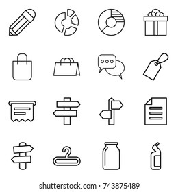 thin line icon set : pencil, circle diagram, gift, shopping bag, discussion, label, atm receipt, singlepost, signpost, document, hanger, bank, toilet cleanser