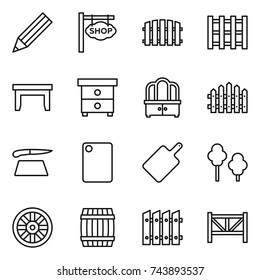 thin line icon set : pencil, shop signboard, fence, pallet, table, nightstand, dresser, cutting board, trees, wheel, barrel, farm