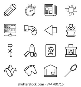 thin line icon set : pencil, stopwatch, newspaper, chip, server, hand coin, left arrow, flower, do not hook sign, passenger, passport, fireplace, corn, horse, utility room, duster