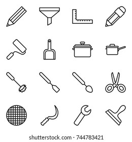 thin line icon set : pencil, funnel, ruler, repair, scoop, pan, saute, whisk, spatula, big spoon, scissors, sieve, sickle, wrench, scraper