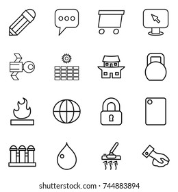 thin line icon set : pencil, message, delivery, monitor arrow, satellite, sun power, japanese house, heavy, flammable, globe, locked, cutting board, grain elevator, drop, vacuum cleaner, wiping
