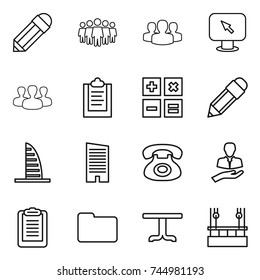 thin line icon set : pencil, team, group, monitor arrow, clipboard, calculator, skyscraper, phone, client, documents, table, skysrcapers cleaning