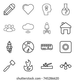 thin line icon set : pencil, heart, bulb head, round flask, group, cloud wireless, hoverboard, home, spark plug, earth, bus, ring button, meat hammer, fire, soil cutter, hard reach place cleaning