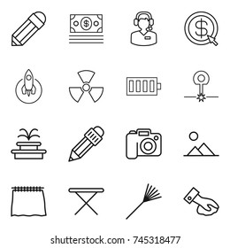 thin line icon set : pencil, money, call center, dollar arrow, rocket, nuclear, battery, laser, fountain, camera, landscape, curtain, iron board, rake, wiping