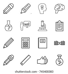 thin line icon set : pencil, marker, bulb head, brain, round flask, presentation, microscope, clipboard, calculator, copybook, school, ruler, acid, chemical
