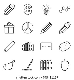 thin line icon set : pencil, dollar, bulb, graph, gift, diagram, ruler, fence, welcome mat, potato, chicken leg, rake, acorn