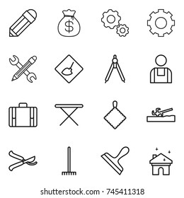 thin line icon set : pencil, money bag, gear, wrench, under construction, drawing compasses, workman, suitcase, iron board, rag, soil cutter, pruner, rake, scraper, house cleaning