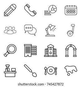 thin line icon set : pencil, phone, diagram, calendar, group, discussion, table lamp, magnifier, houses, building, arch, customs control, big spoon, fork plate, spot