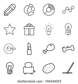 thin line icon set : pencil, circle diagram, graph, star, gift, bulb, cell corection, lipstick, chicken leg, bone, toaster, potato, rake
