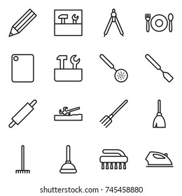 thin line icon set : pencil, tools, drawing compasses, cafe, cutting board, repair, skimmer, spatula, rolling pin, soil cutter, fork, broom, rake, plunger, brush, iron thin line icon set : pencil, tools, drawing compasses, cafe, cutting board, repair, skimmer, spatula, rolling pin, soil cutter, fork, broom, rake, plunger, brush, iron