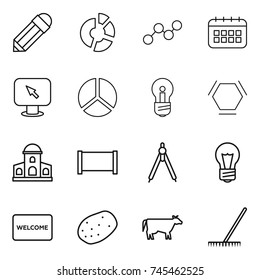 thin line icon set : pencil, circle diagram, graph, calendar, monitor arrow, bulb, hex molecule, mansion, fence, drawing compasses, welcome mat, potato, cow, rake