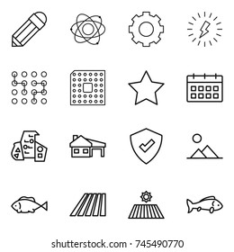 thin line icon set : pencil, atom, gear, lightning, chip, cpu, star, calendar, modern architecture, house with garage, protected, landscape, fish, field