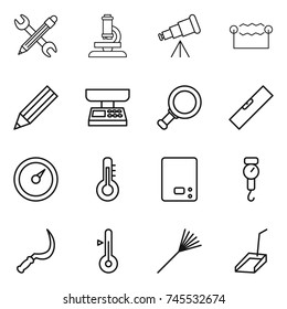 thin line icon set : pencil wrench, microscope, telescope, electrostatic, market scales, magnifier, level, barometer, thermometer, kitchen, handle, sickle, rake, scoop