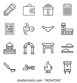 thin line icon set : pencil, wallet, gift, calculator, abacus, satellite, underpants, mansion, cottage, arch, stool, slippers, ladle, scissors, fire, hive