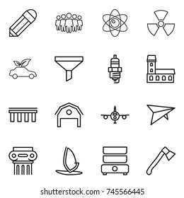 thin line icon set : pencil, team, atom, nuclear, eco car, funnel, spark plug, mansion, bridge, barn, plane, deltaplane, antique column, windsurfing, double boiler, axe
