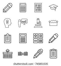 thin line icon set : pencil, calculator, abacus, graduate hat, bulb head, presentation, microscope, electrostatic, clipboard, university, school