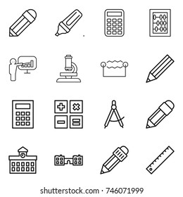 thin line icon set : pencil, marker, calculator, abacus, presentation, microscope, electrostatic, draw compass, university, school, ruler