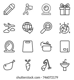 thin line icon set : pencil, courier, web cam, gift, journey, delivery, cargo search, disco ball, mirror, cutting board, steam pan, kitchen scales, chicken leg, carrot, vacuum cleaner