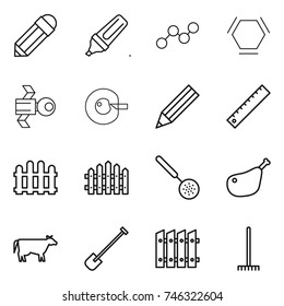 thin line icon set : pencil, marker, graph, hex molecule, satellite, cell corection, ruler, fence, skimmer, chicken leg, cow, shovel, rake