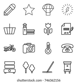 thin line icon set : pencil, star, parachute, lightning, basket, church, perishable, inventory, motorcycle, camera, thermometer, phone, double boiler, trees, rake, hive