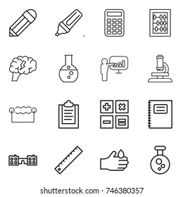 thin line icon set : pencil, marker, calculator, abacus, brain, round flask, presentation, microscope, electrostatic, clipboard, copybook, school, ruler, acid, chemical