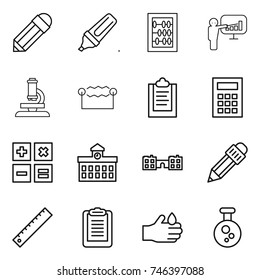 thin line icon set : pencil, marker, abacus, presentation, microscope, electrostatic, clipboard, calculator, university, school, ruler, acid, chemical