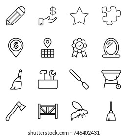 thin line icon set : pencil, investment, star, puzzle, dollar pin, map, medal, mirror, broom, repair tools, spatula, bbq, axe, farm fence, wasp
