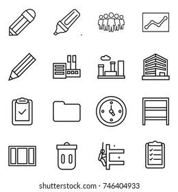 thin line icon set : pencil, marker, team, statistics, store, city, office, clipboard check, documents, watch, rack, window, trash bin, skyscrapers cleaning, list