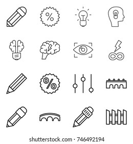 thin line icon set : pencil, percent, bulb, head, brain, eye identity, infinity power, equalizer, bridge, fence