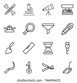 thin line icon set : pencil wrench, microscope, telescope, market scales, magnifier, funnel, construction, level, sand clock, handle, sickle, thermometer, pruner, scoop