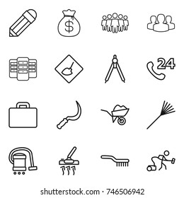 thin line icon set : pencil, money bag, team, group, server, under construction, drawing compasses, phone 24, suitcase, sickle, wheelbarrow, rake, vacuum cleaner, brush