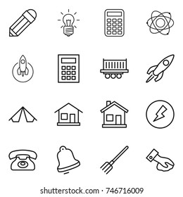 thin line icon set : pencil, bulb, calculator, atom, rocket, truck shipping, tent, home, electricity, phone, bell, fork, wiping