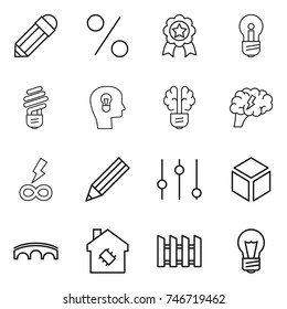 thin line icon set : pencil, percent, medal, bulb, head, brain, infinity power, equalizer, 3d, bridge, smart house, fence