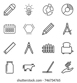 thin line icon set : pencil, bulb, circle diagram, calendar, hex molecule, draw compass, ruler, drawing compasses, fence, toaster, bank, cow, rake, harvest