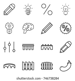 thin line icon set : pencil, bulb, percent, brain, equalizer, bridge, fence, eggplant
