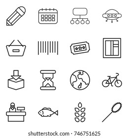 thin line icon set : pencil, calendar, structure, ufo, remove from basket, bar code, ticket, window, package, sand clock, earth, bike, reception, fish, spikelets, duster