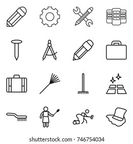 thin line icon set : pencil, gear, wrench, server, nail, draw compass, suitcase, rake, clean floor, brush, woman with duster, vacuum cleaner, washing