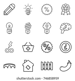 thin line icon set : pencil, bulb, percent, medal, brain, infinity power, add to basket, info, bridge, smart house, fence, eggplant