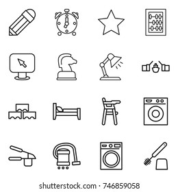 thin line icon set : pencil, alarm clock, star, abacus, monitor arrow, chess horse, table lamp, drawbridge, block wall, bed, Chair for babies, washing machine, garlic clasp, vacuum cleaner