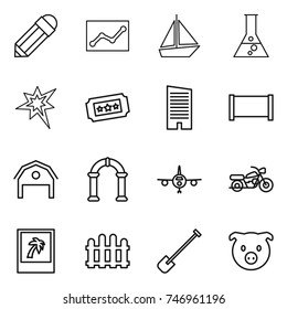 thin line icon set : pencil, statistics, boat, flask, bang, ticket, skyscraper, fence, barn, arch, plane, motorcycle, photo, shovel, pig
